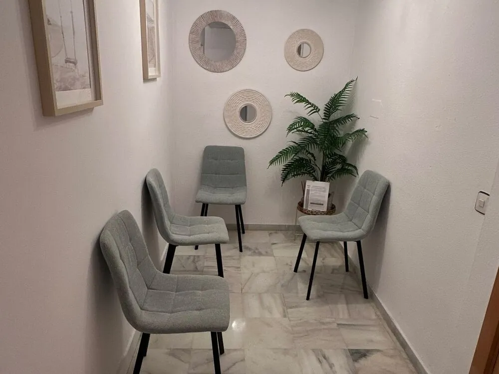 Sala de espera con sillas verdes, espejos redondos y una planta